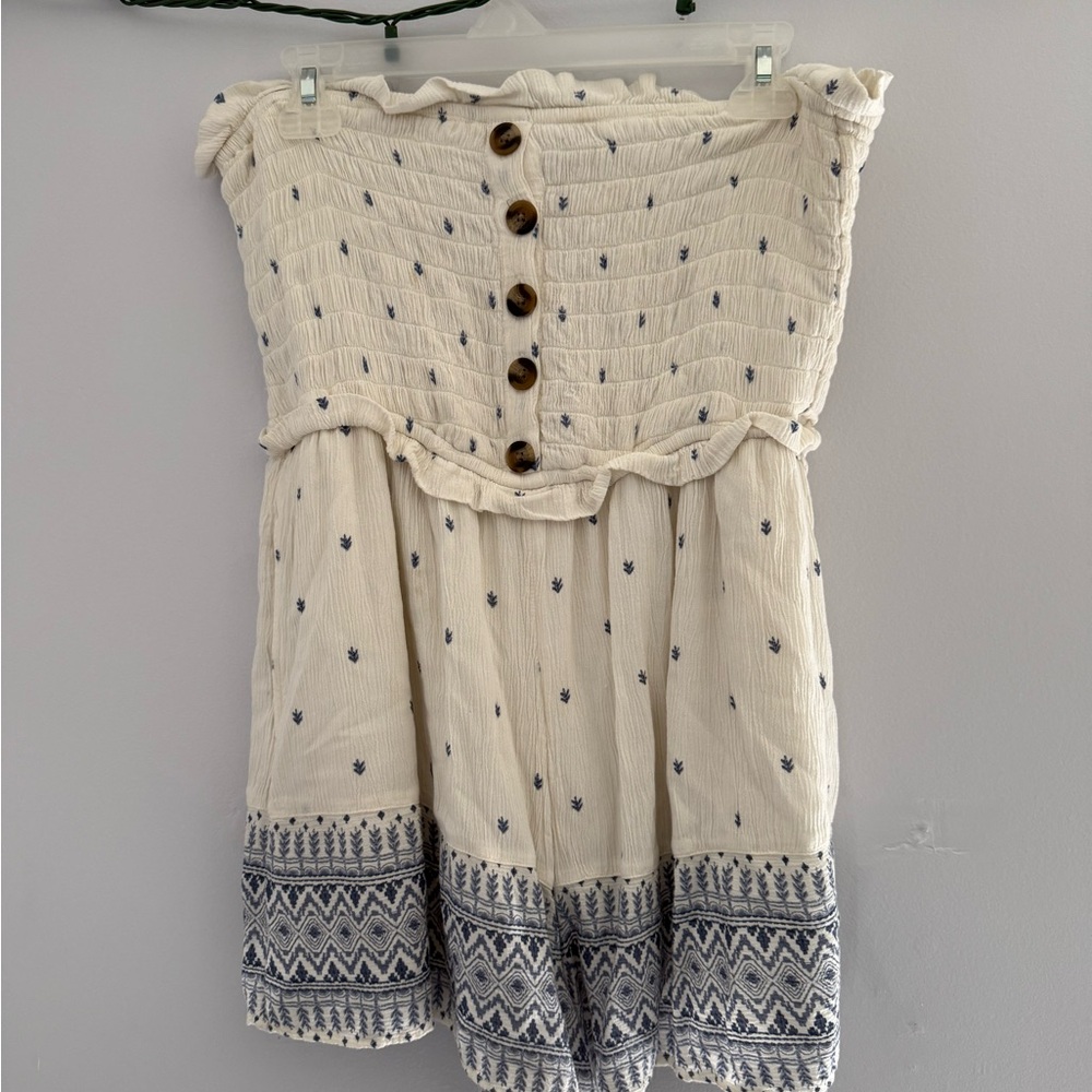 American Eagle Outfitters Cream and Blue Patterned Romper